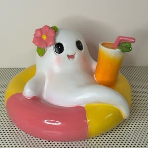 Halloween Ghost Sitting on Pool Float with Drink